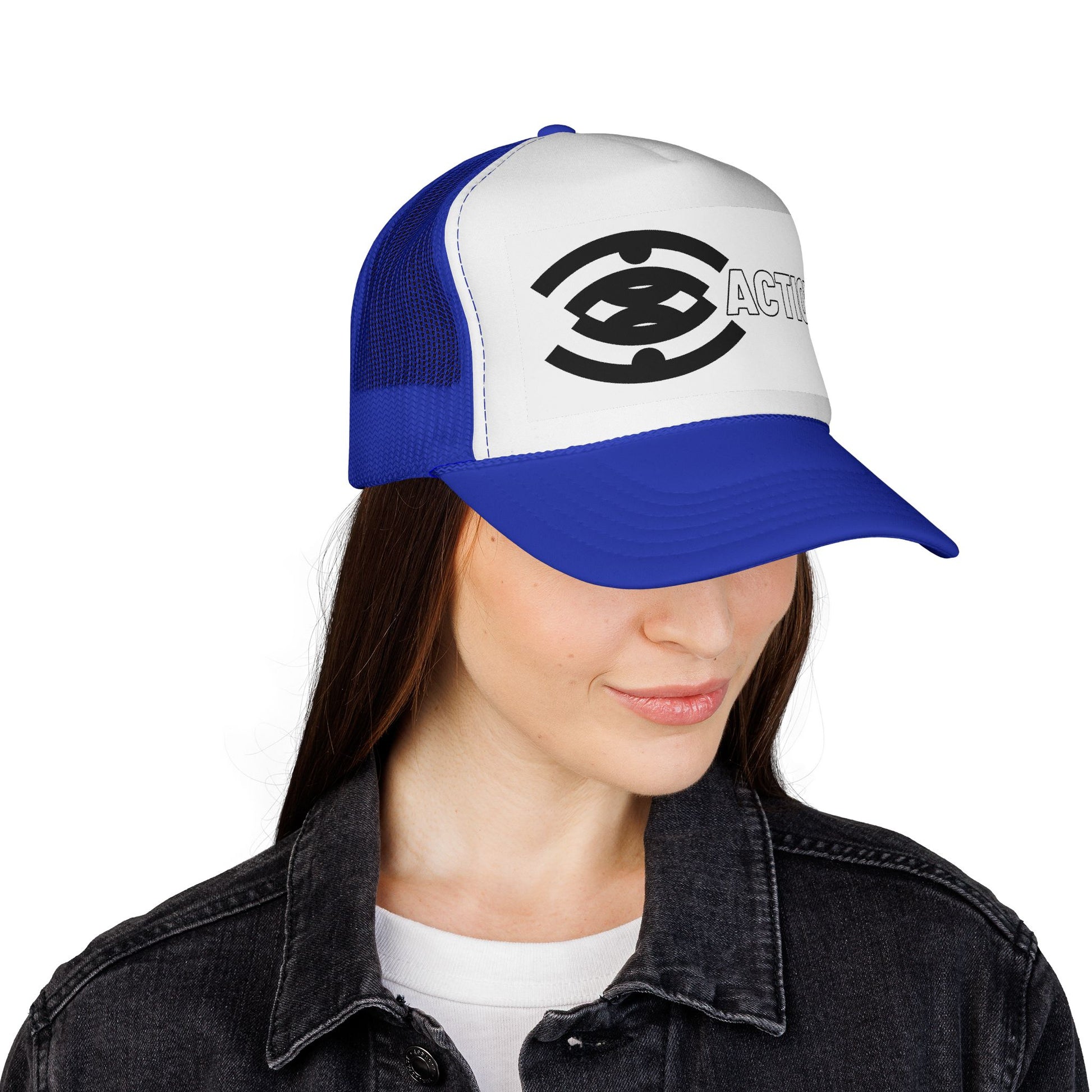 Action Logo Trucker Cap — Retro Black & White Mesh Hat