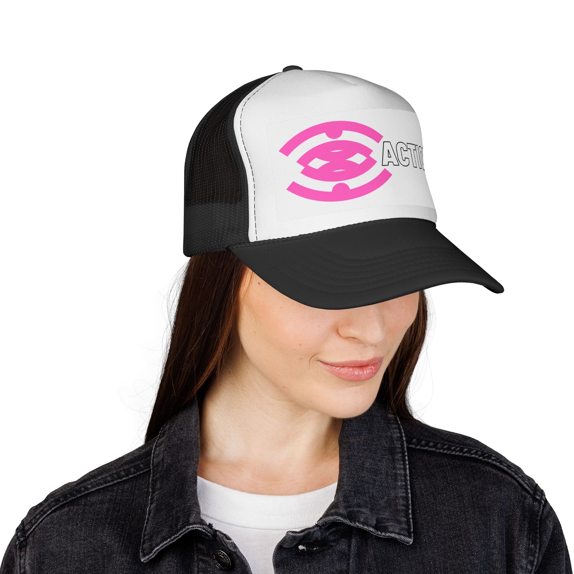 Action Logo Trucker Cap — Pink Emblem Mesh Baseball Hat