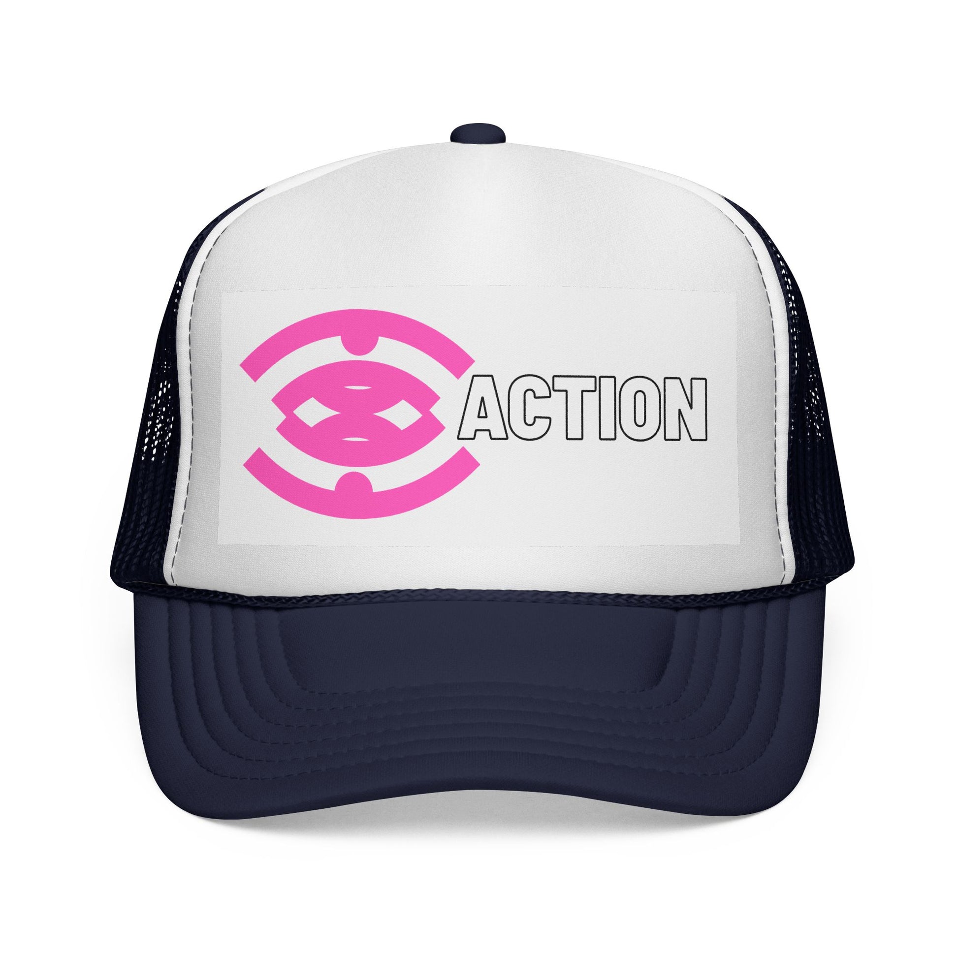 Action Logo Trucker Cap — Pink Emblem Mesh Baseball Hat