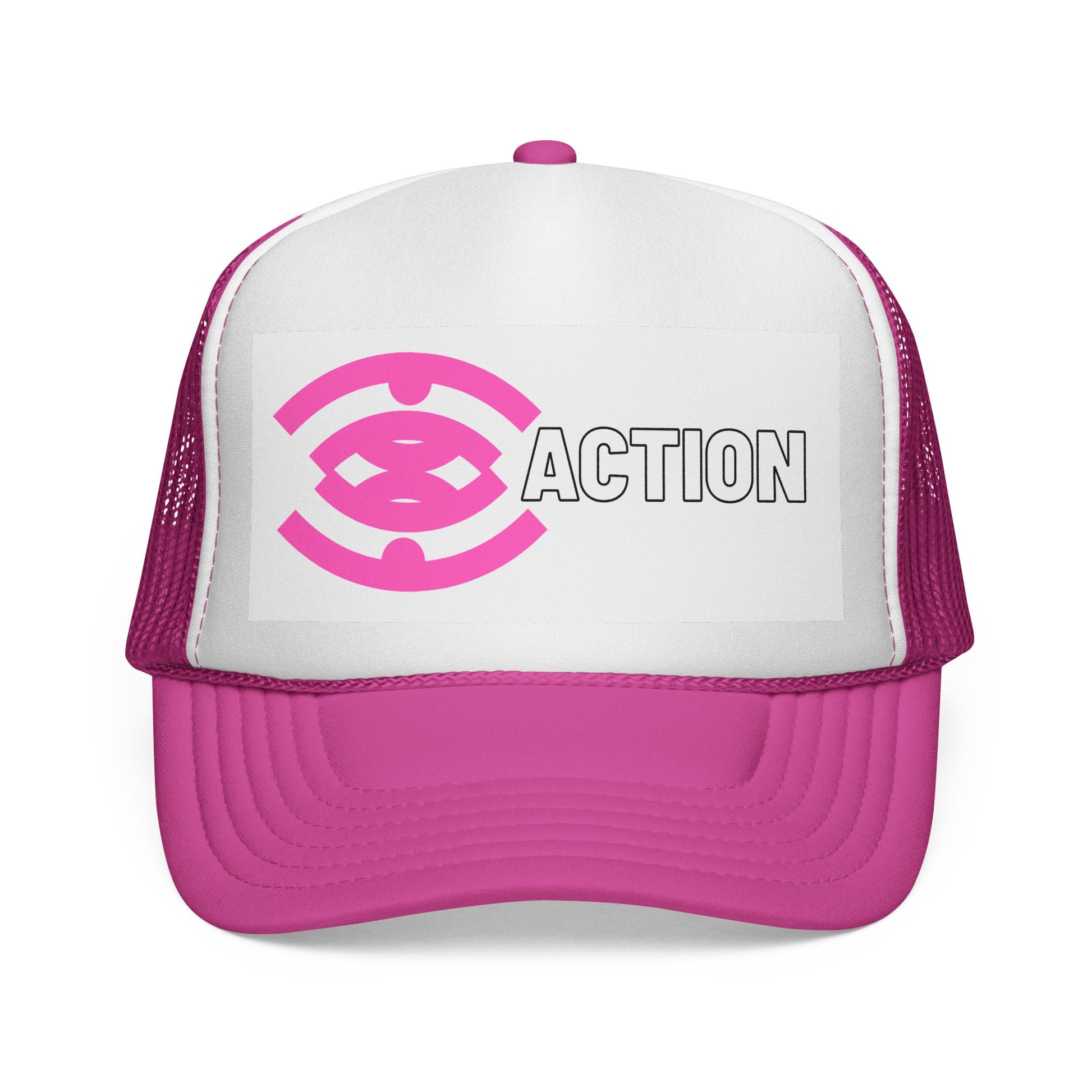 Action Logo Trucker Cap — Pink Emblem Mesh Baseball Hat