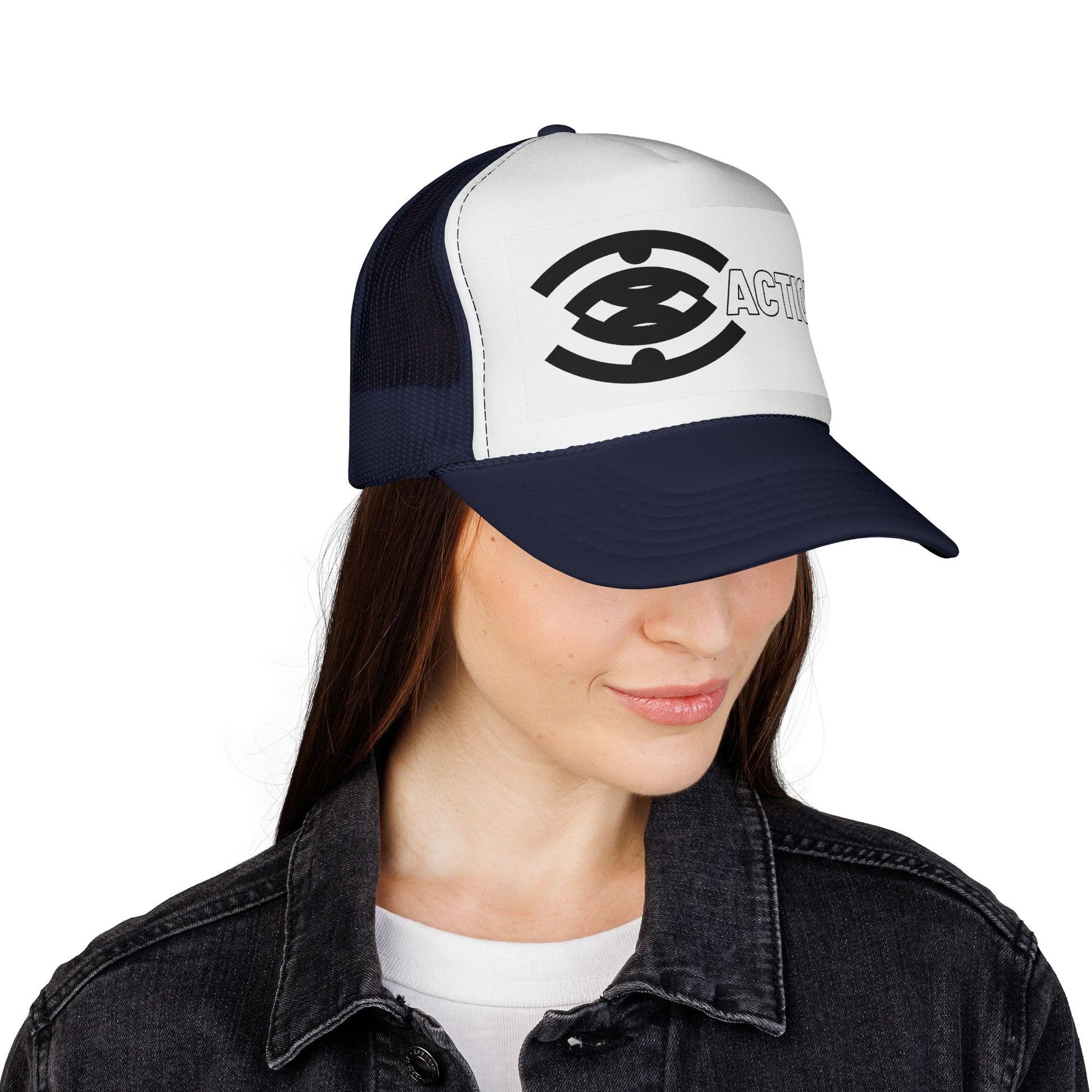 Action Logo Trucker Cap — Retro Black & White Mesh Hat