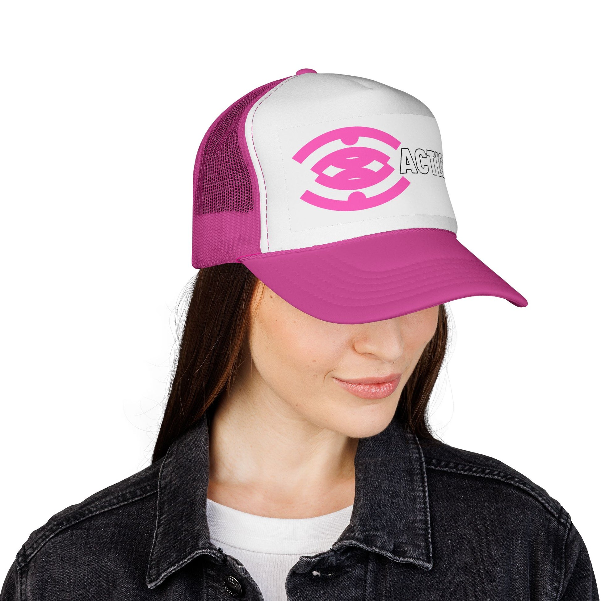 Action Logo Trucker Cap — Pink Emblem Mesh Baseball Hat