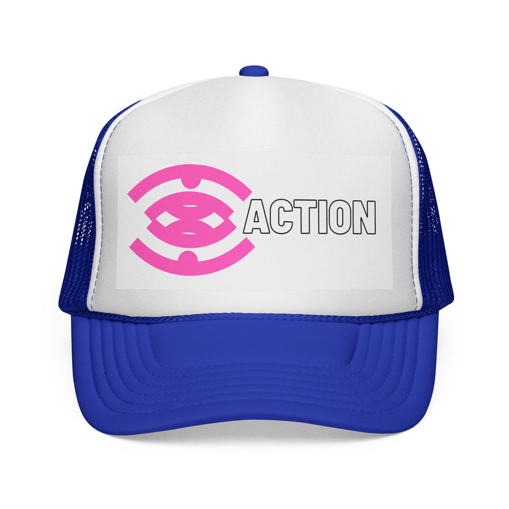 Action Logo Trucker Cap — Pink Emblem Mesh Baseball Hat