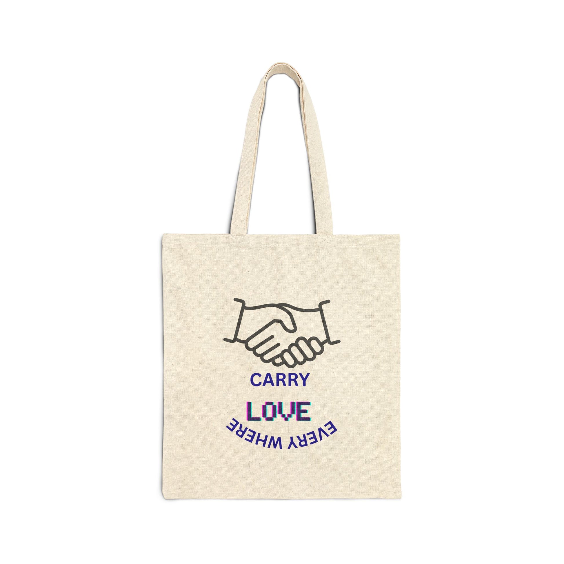 Tote Bag — “Carry Love Everywhere” Cotton Canvas Tote with Handshake Design
