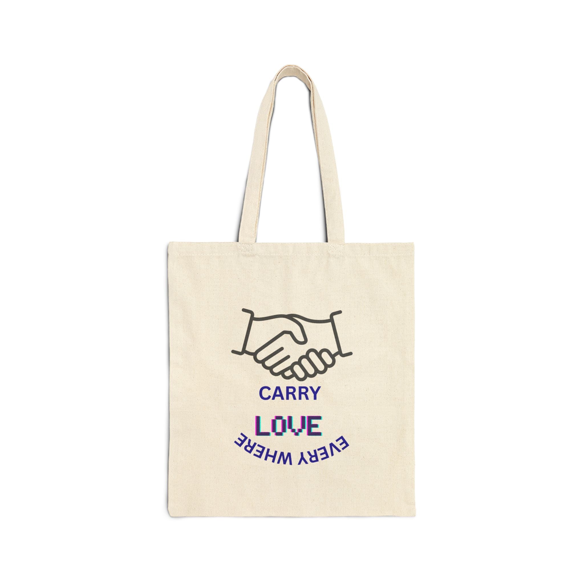 Tote Bag — “Carry Love Everywhere” Cotton Canvas Tote with Handshake Design