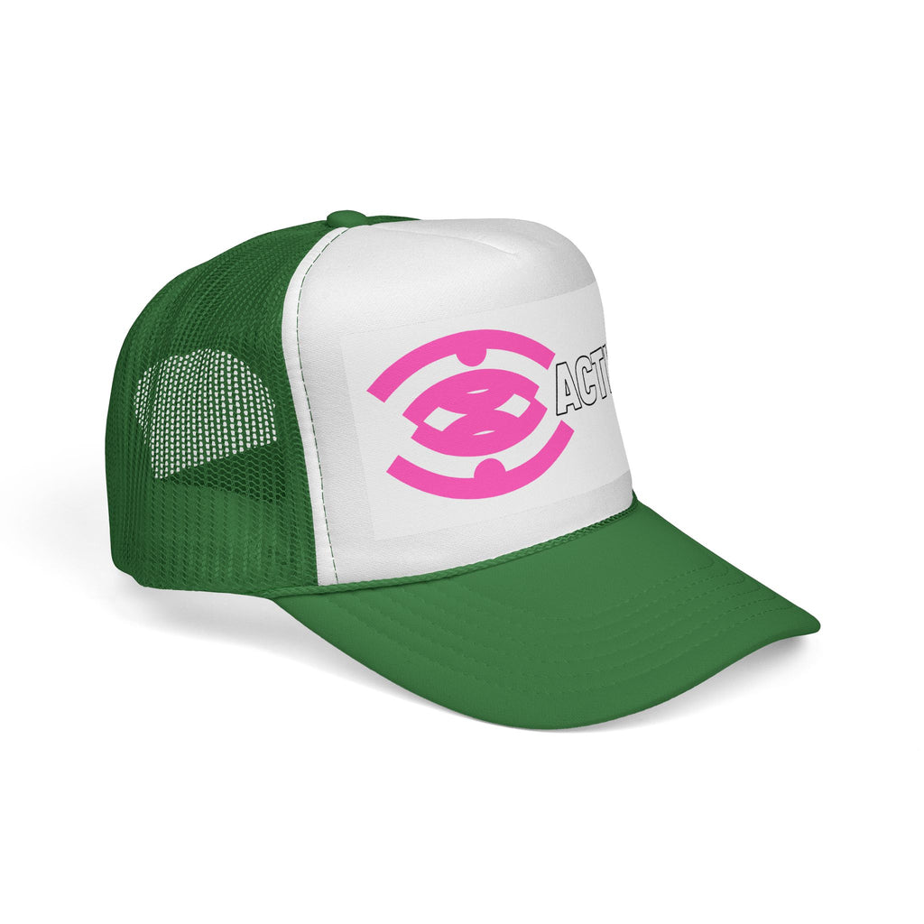 Action Logo Trucker Cap — Pink Emblem Mesh Baseball Hat