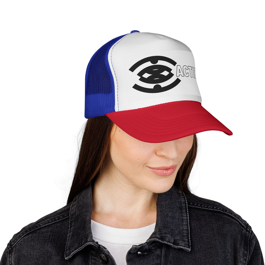 Action Logo Trucker Cap — Retro Black & White Mesh Hat