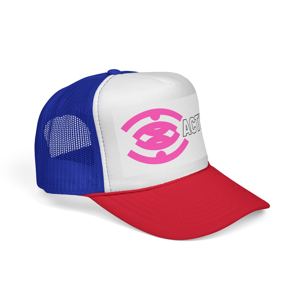 Action Logo Trucker Cap — Pink Emblem Mesh Baseball Hat