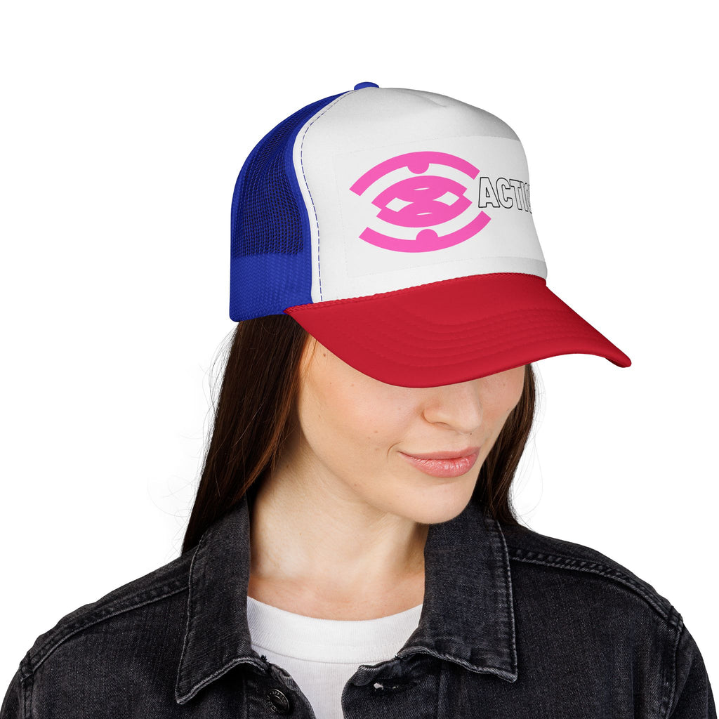 Action Logo Trucker Cap — Pink Emblem Mesh Baseball Hat