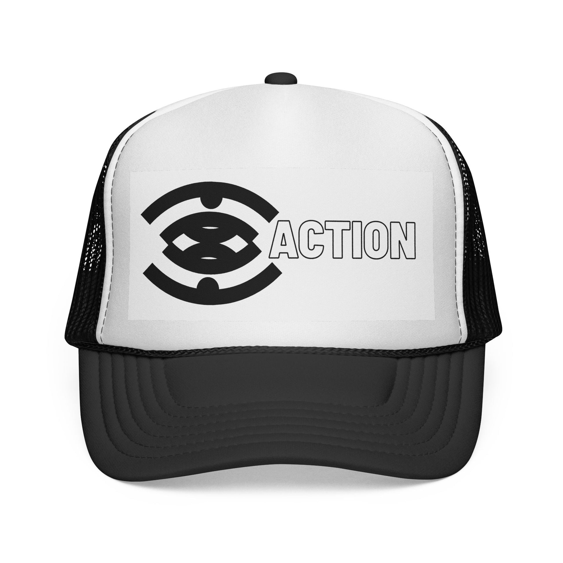 Action Logo Trucker Cap — Retro Black & White Mesh Hat
