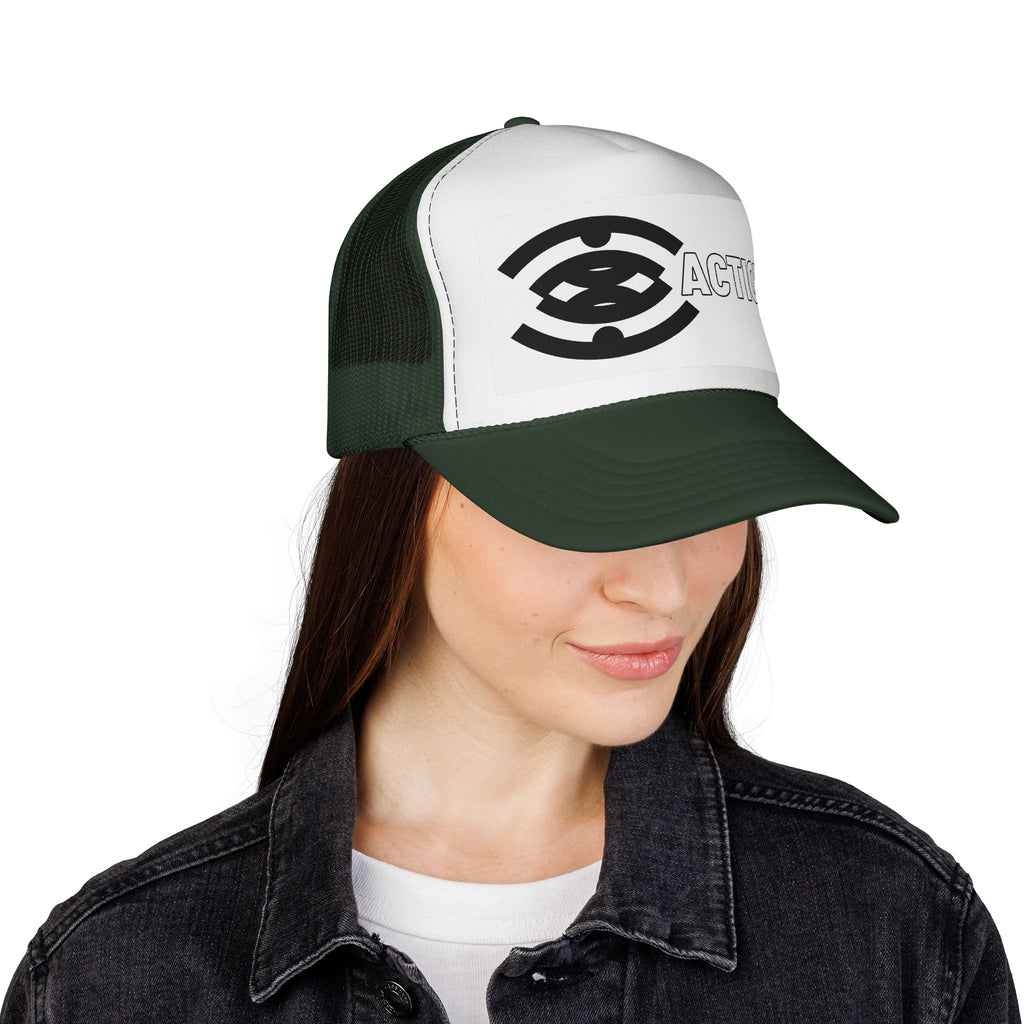 Action Logo Trucker Cap — Retro Black & White Mesh Hat