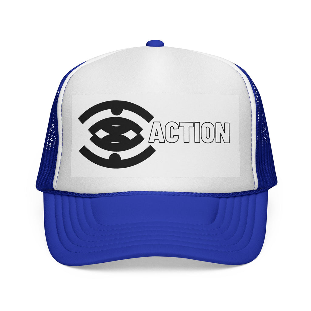 Action Logo Trucker Cap — Retro Black & White Mesh Hat