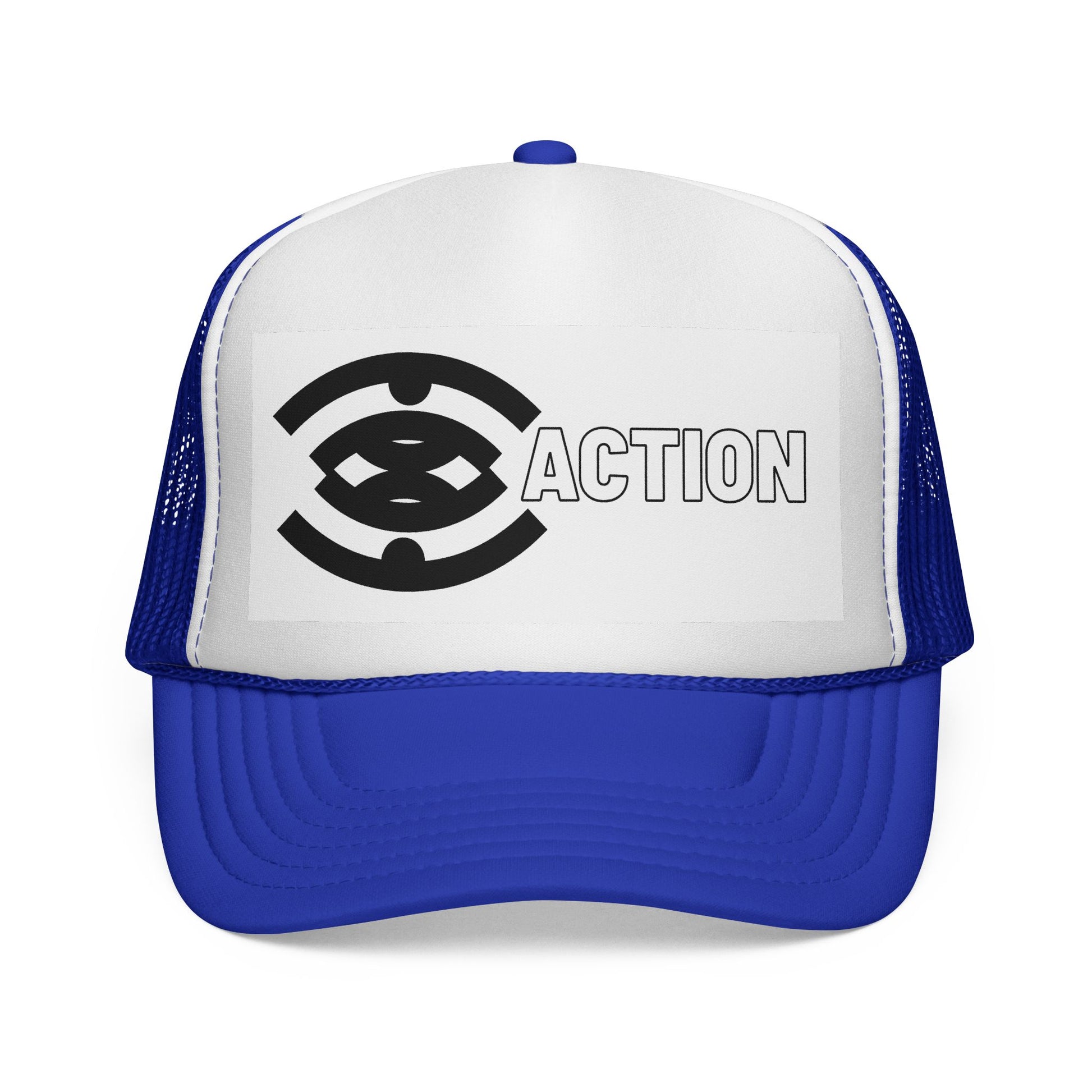 Action Logo Trucker Cap — Retro Black & White Mesh Hat