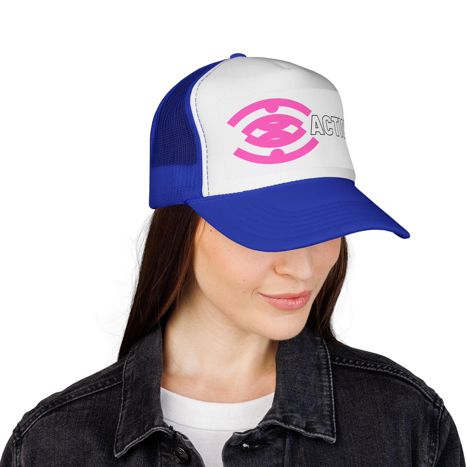 Action Logo Trucker Cap — Pink Emblem Mesh Baseball Hat