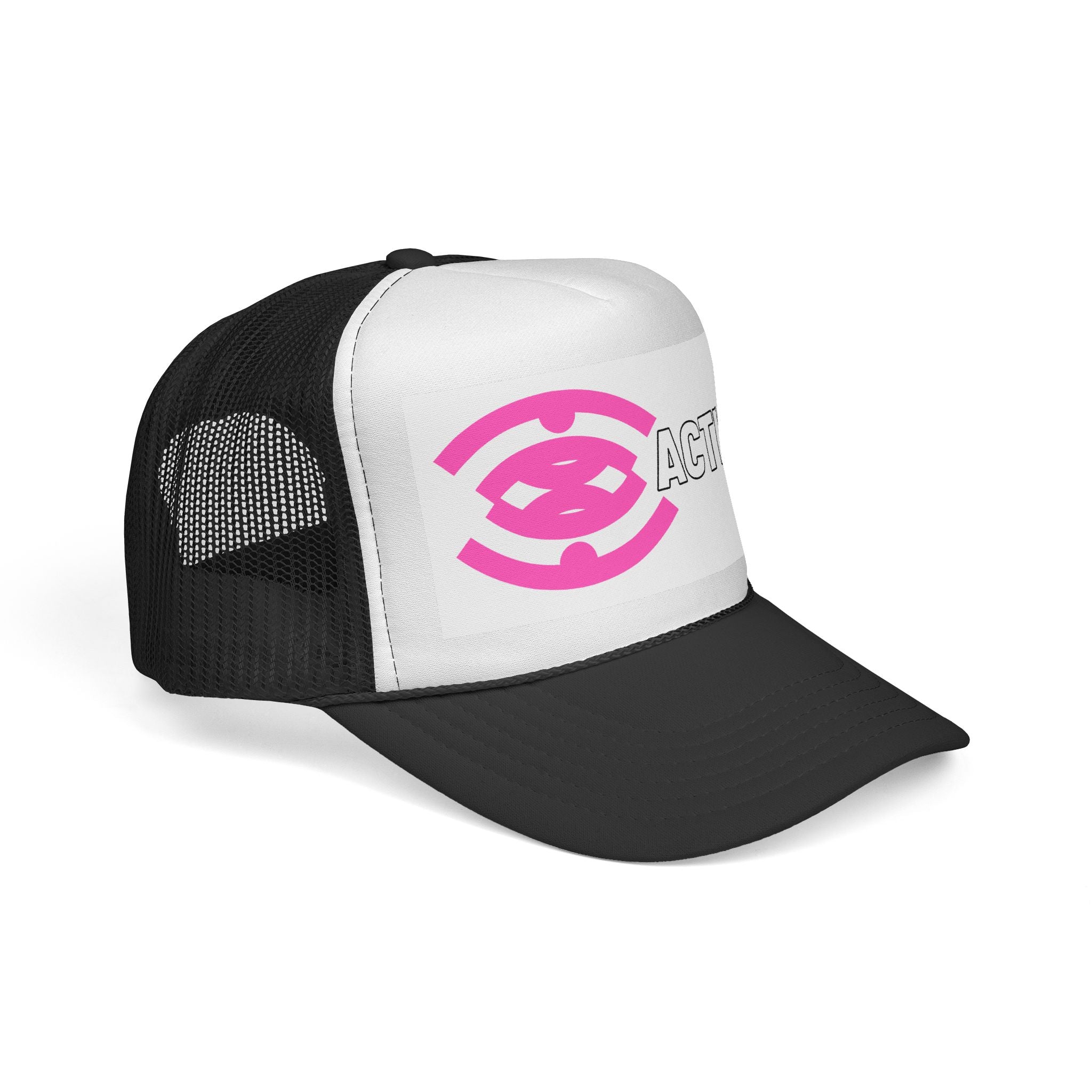 Action Logo Trucker Cap — Pink Emblem Mesh Baseball Hat