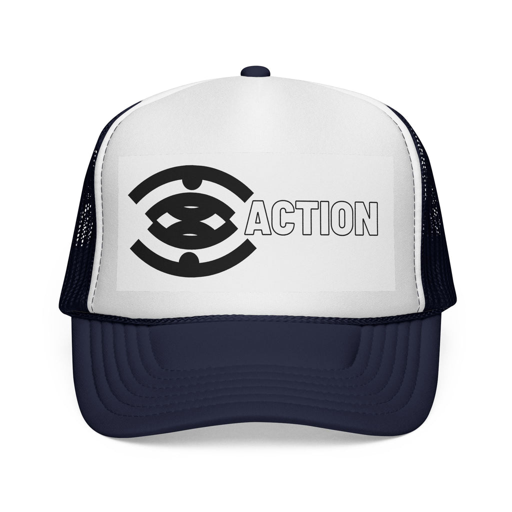 Action Logo Trucker Cap — Retro Black & White Mesh Hat
