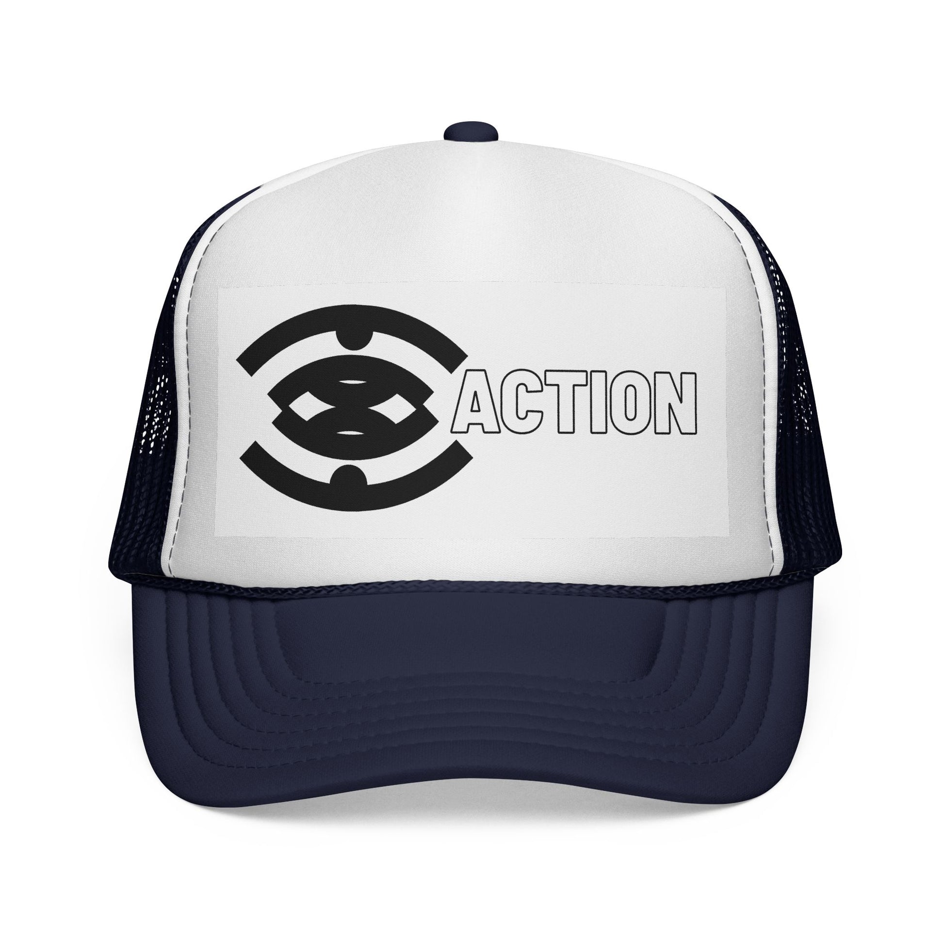 Action Logo Trucker Cap — Retro Black & White Mesh Hat