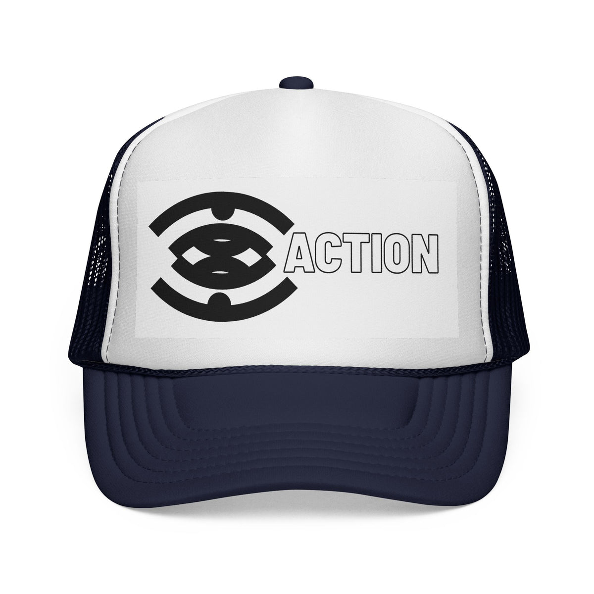 Action Logo Trucker Cap — Retro Black & White Mesh Hat