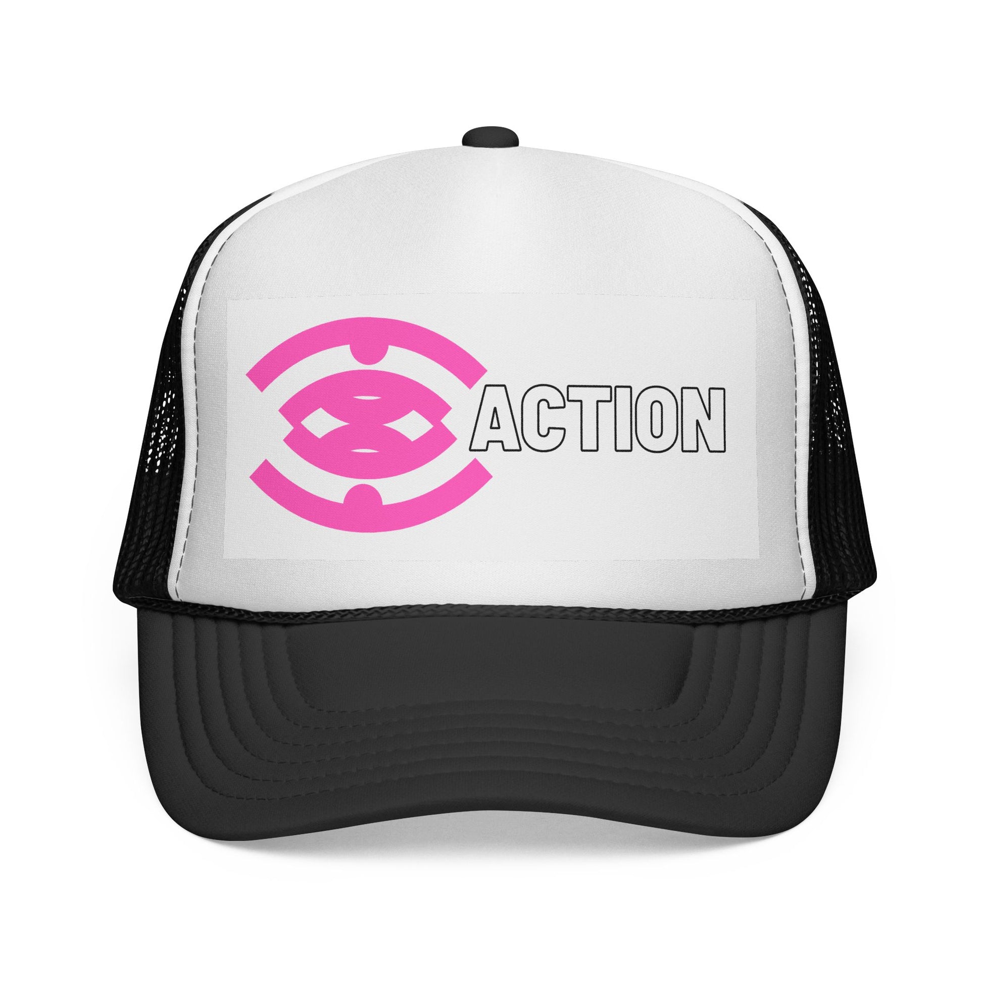 Action Logo Trucker Cap — Pink Emblem Mesh Baseball Hat