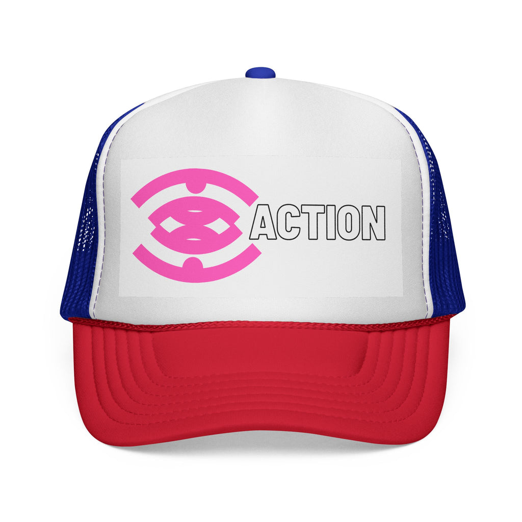 Action Logo Trucker Cap — Pink Emblem Mesh Baseball Hat