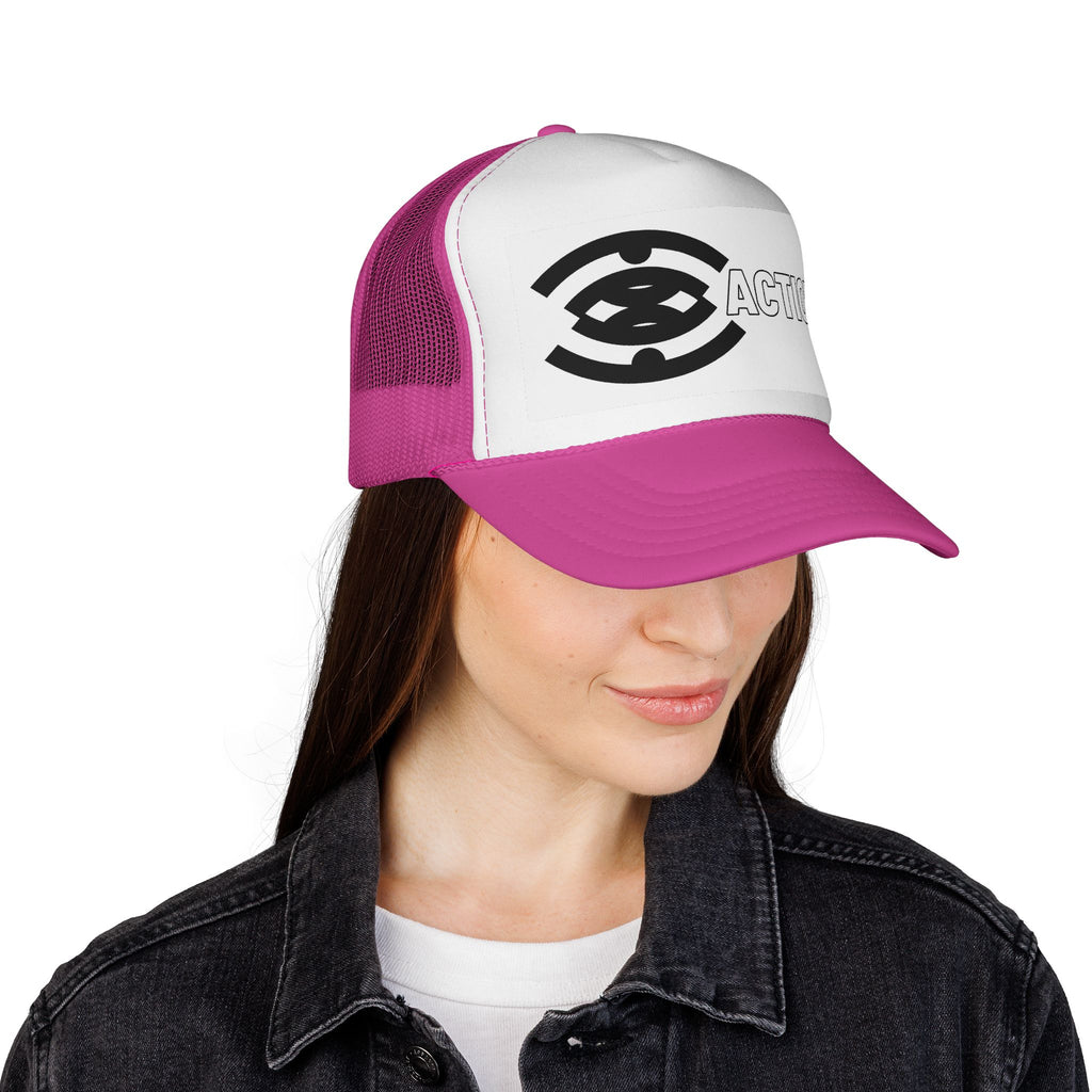 Action Logo Trucker Cap — Retro Black & White Mesh Hat