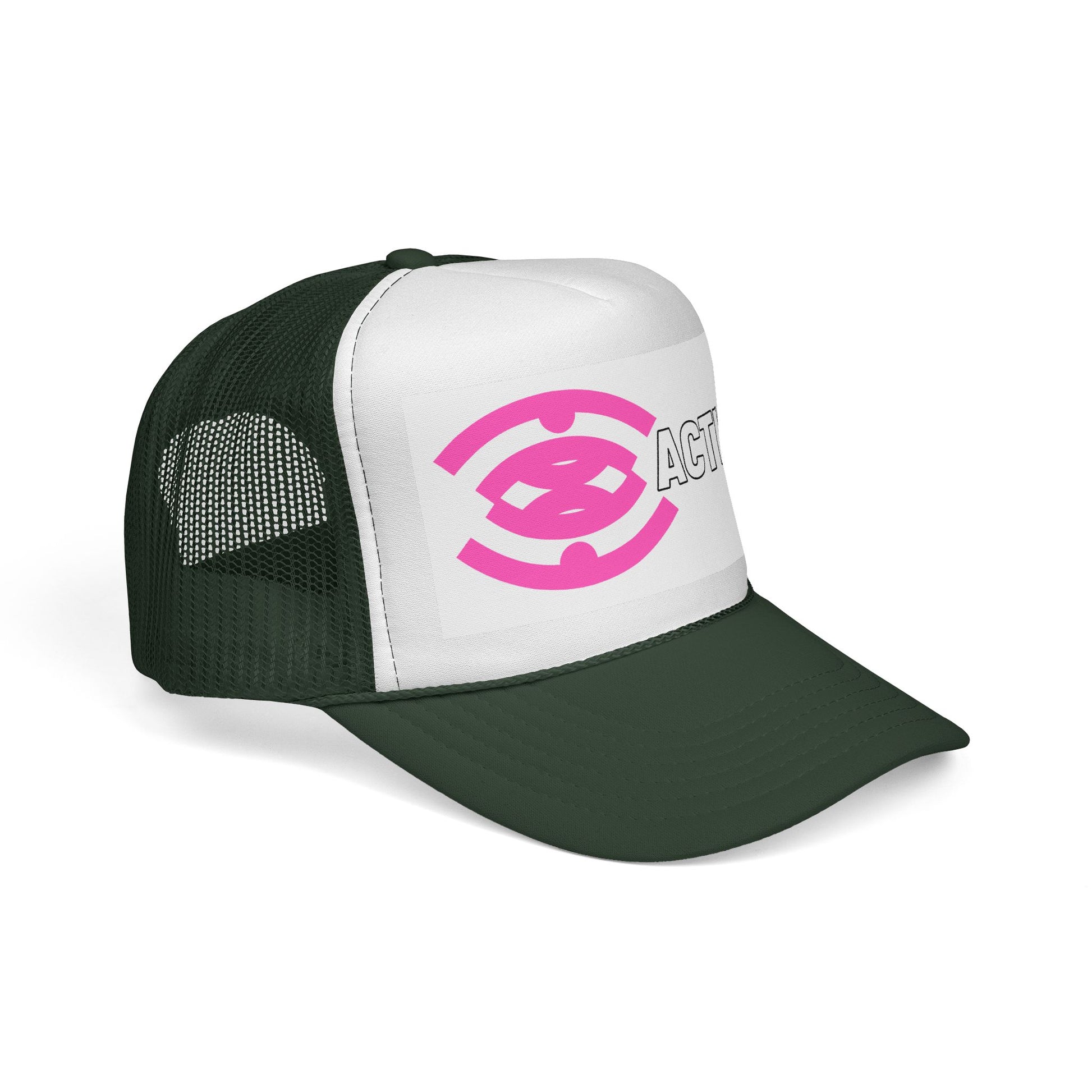 Action Logo Trucker Cap — Pink Emblem Mesh Baseball Hat