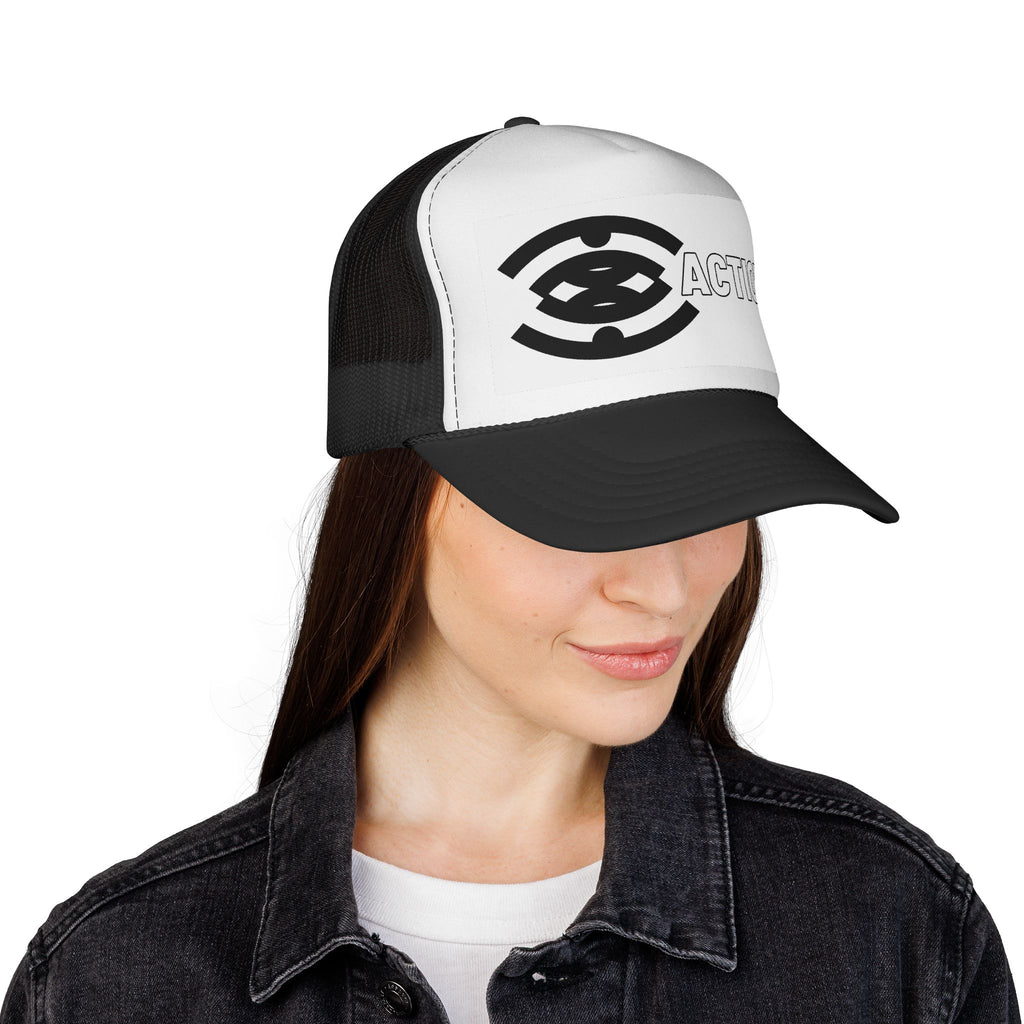 Action Logo Trucker Cap — Retro Black & White Mesh Hat