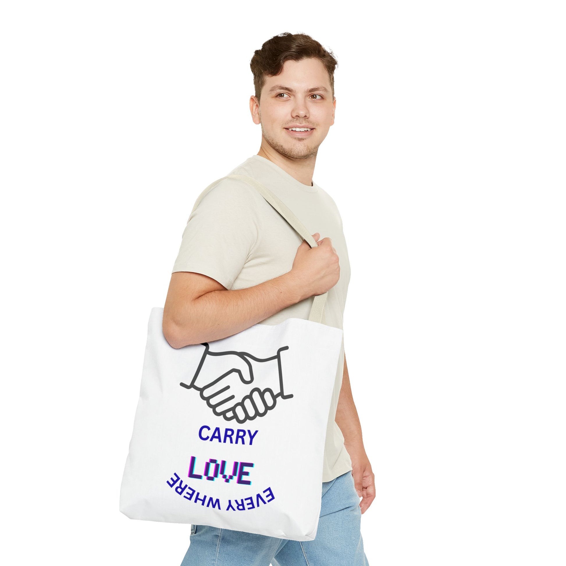 Carry Love Everywhere Tote Bag — Handshake Graphic Reusable Shopper