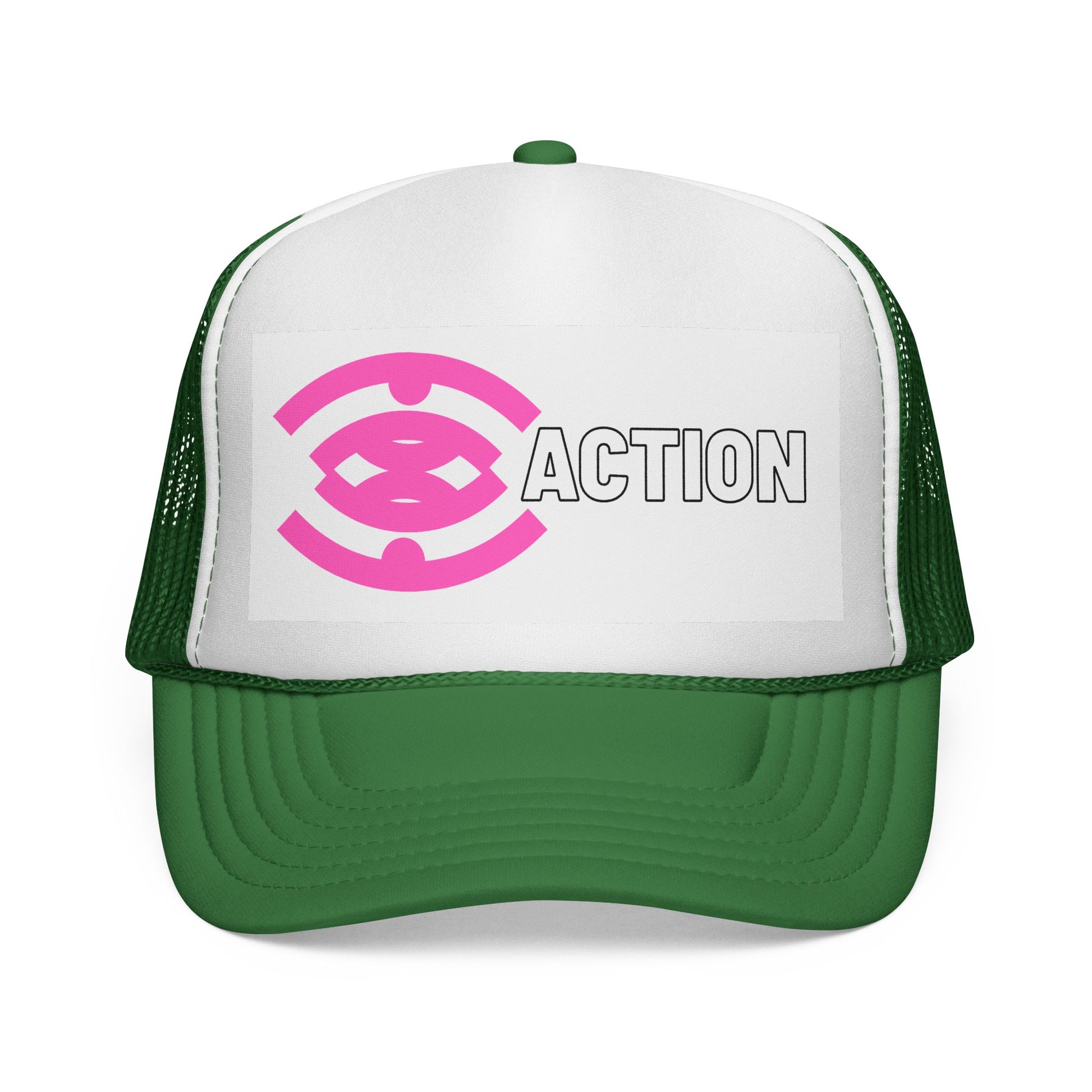 Action Logo Trucker Cap — Pink Emblem Mesh Baseball Hat