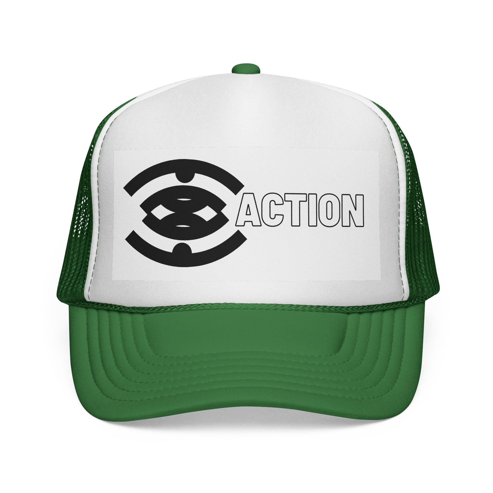 Action Logo Trucker Cap — Retro Black & White Mesh Hat