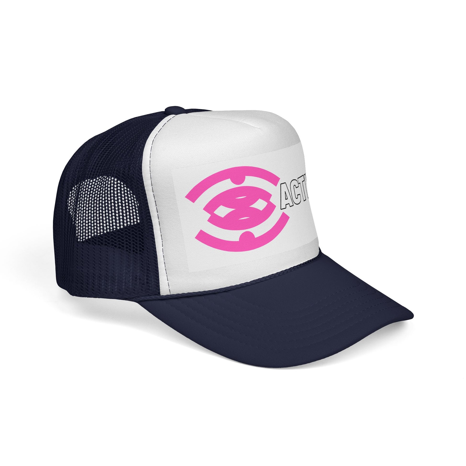 Action Logo Trucker Cap — Pink Emblem Mesh Baseball Hat