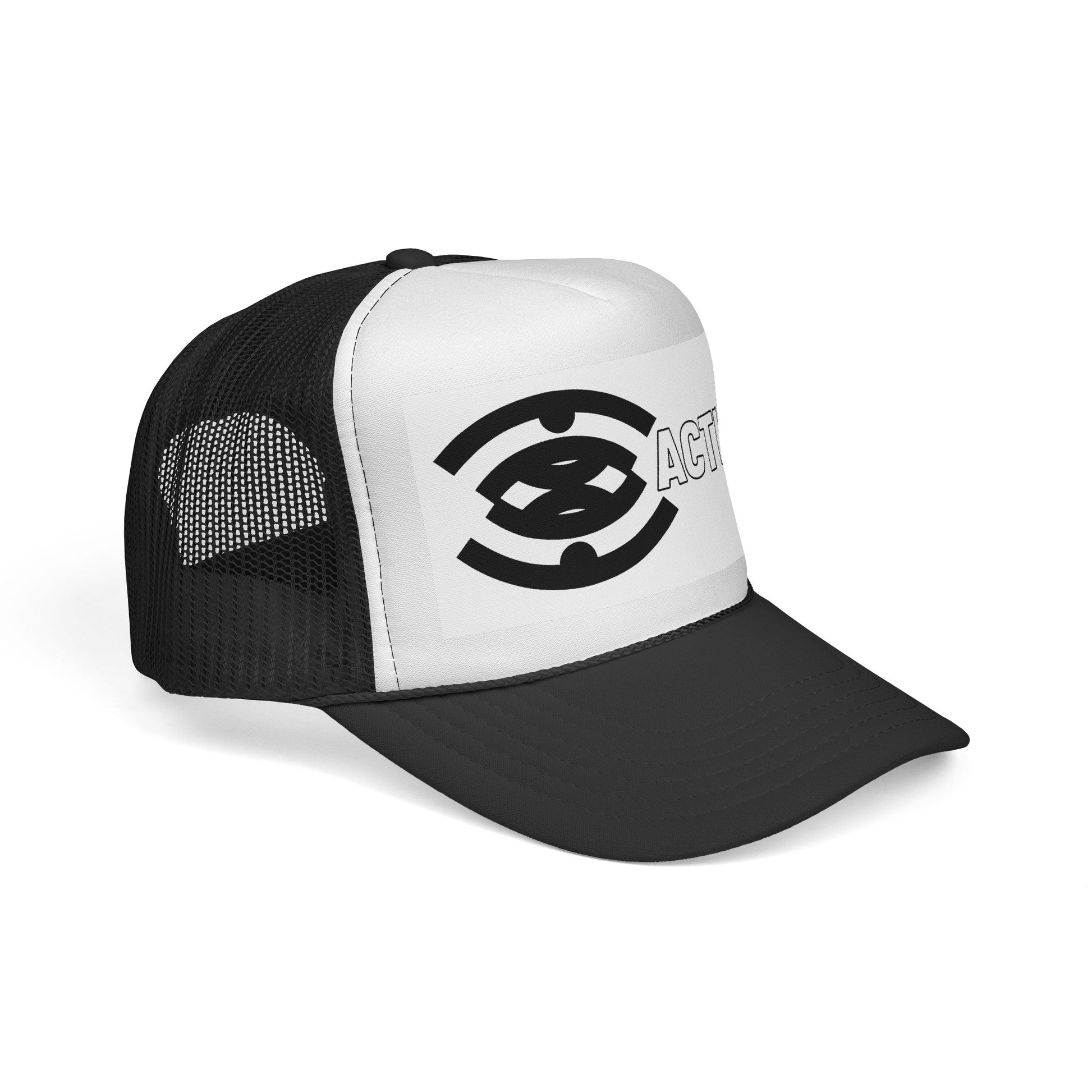 Action Logo Trucker Cap — Retro Black & White Mesh Hat