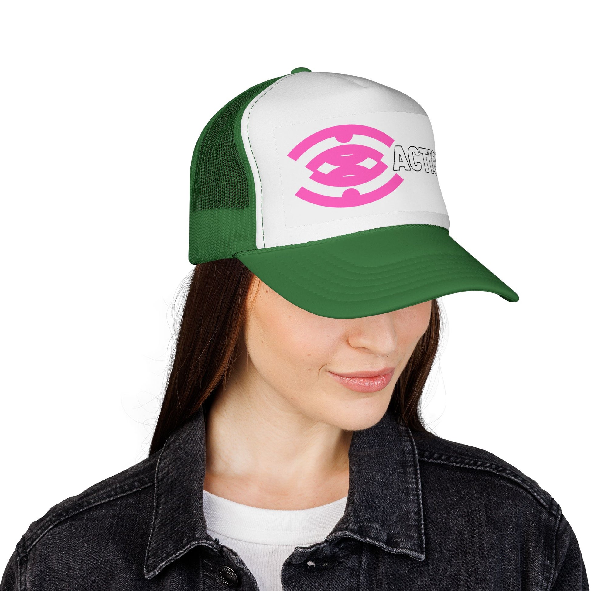 Action Logo Trucker Cap — Pink Emblem Mesh Baseball Hat