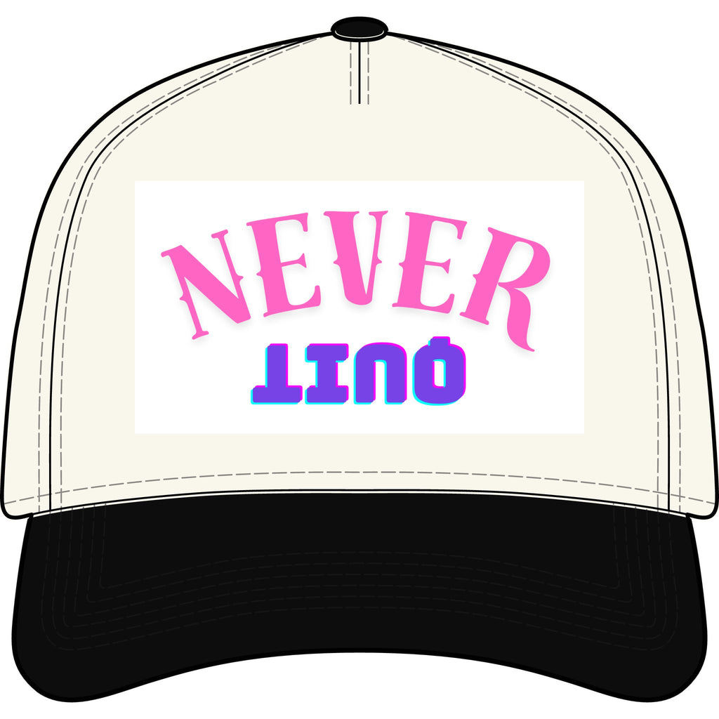 Never QUIT Cap - Two-Tone Trucker Hat with Retro Pink & Blue Text