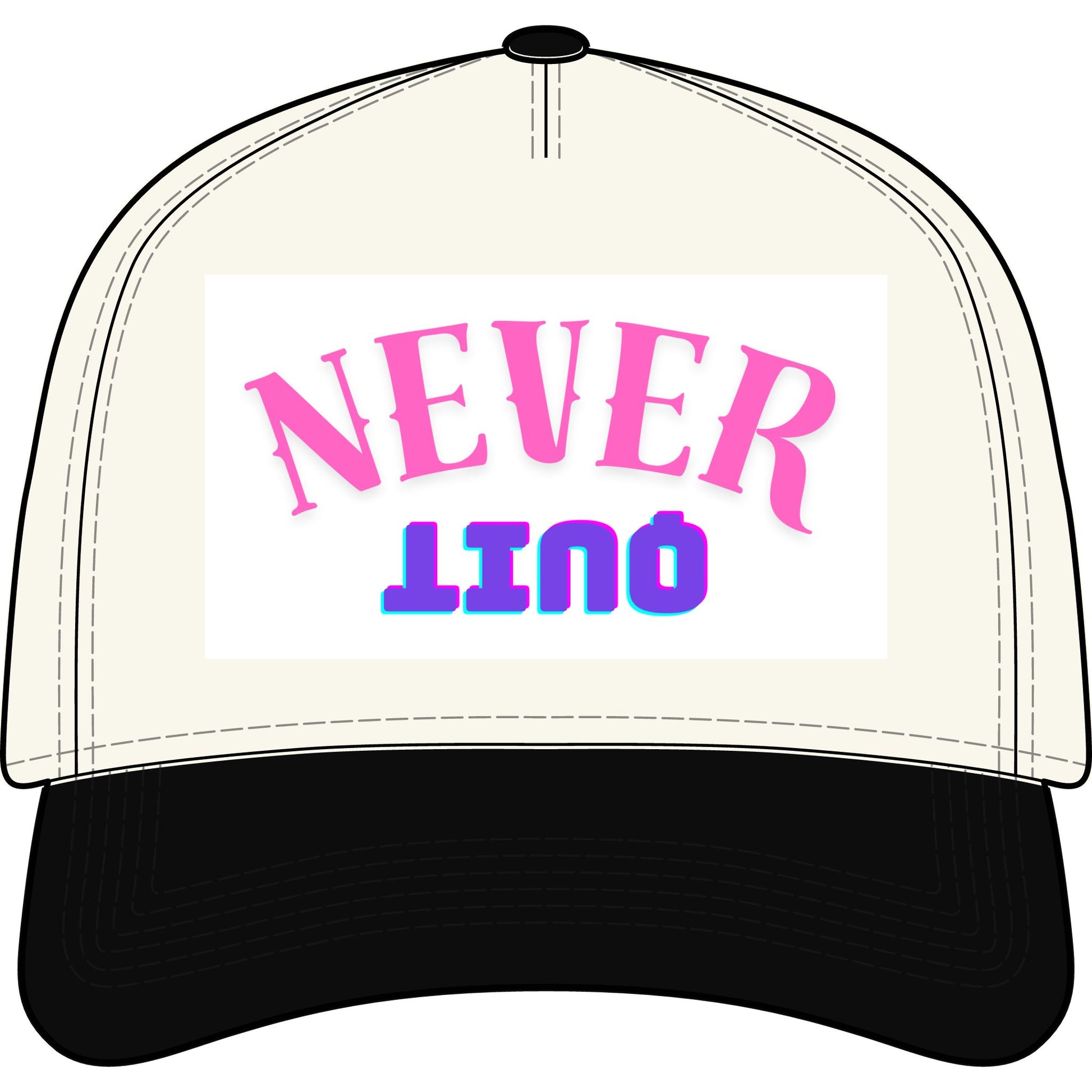 Never QUIT Cap - Two-Tone Trucker Hat with Retro Pink & Blue Text