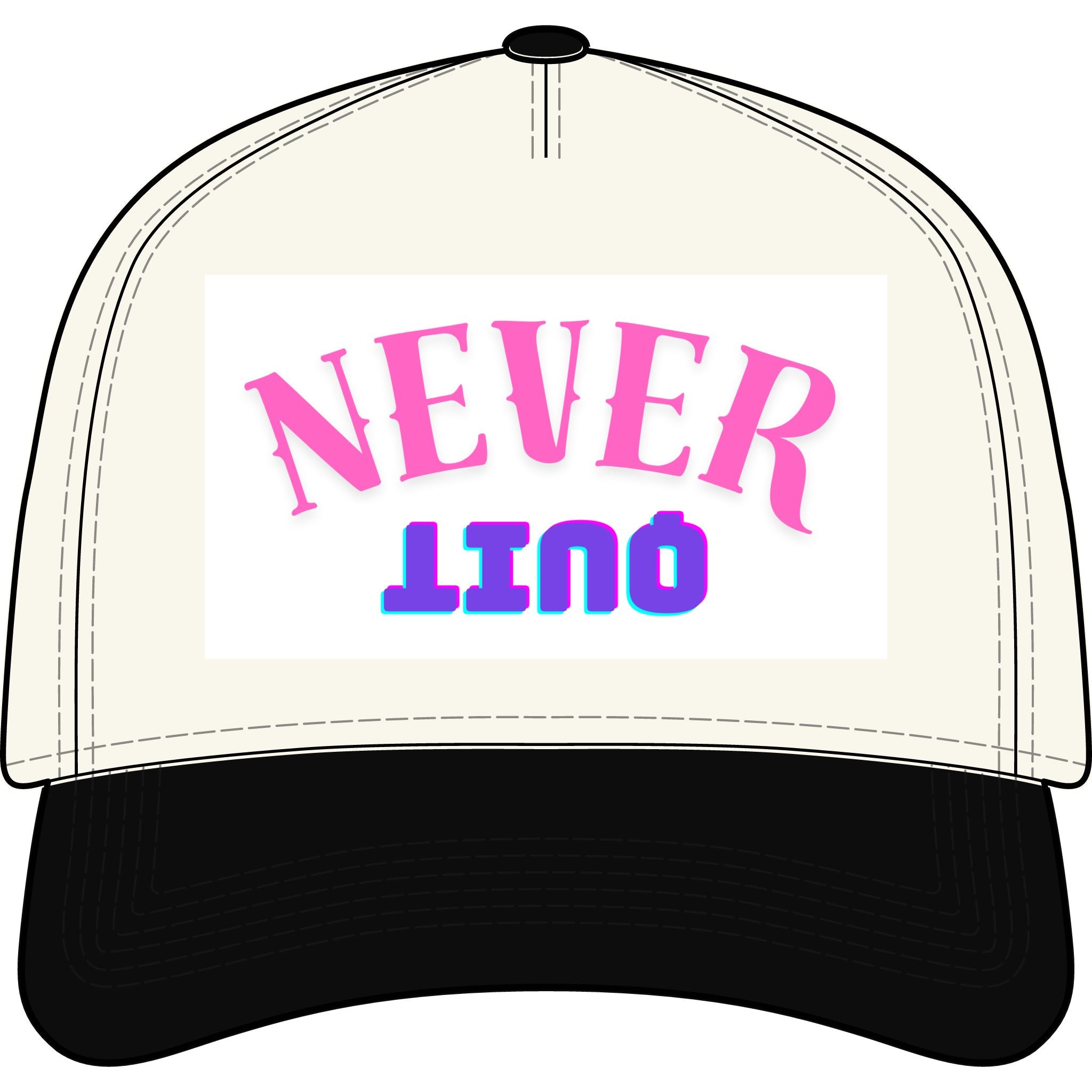 Never QUIT Cap - Two-Tone Trucker Hat with Retro Pink & Blue Text