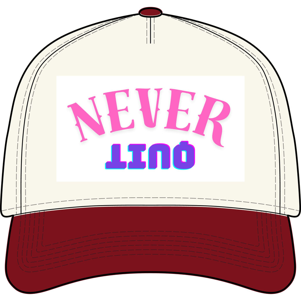 Never QUIT Cap - Two-Tone Trucker Hat with Retro Pink & Blue Text