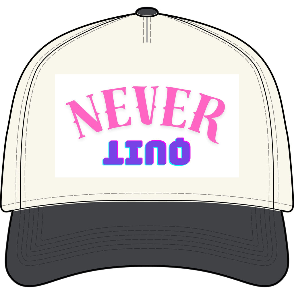 Never QUIT Cap - Two-Tone Trucker Hat with Retro Pink & Blue Text
