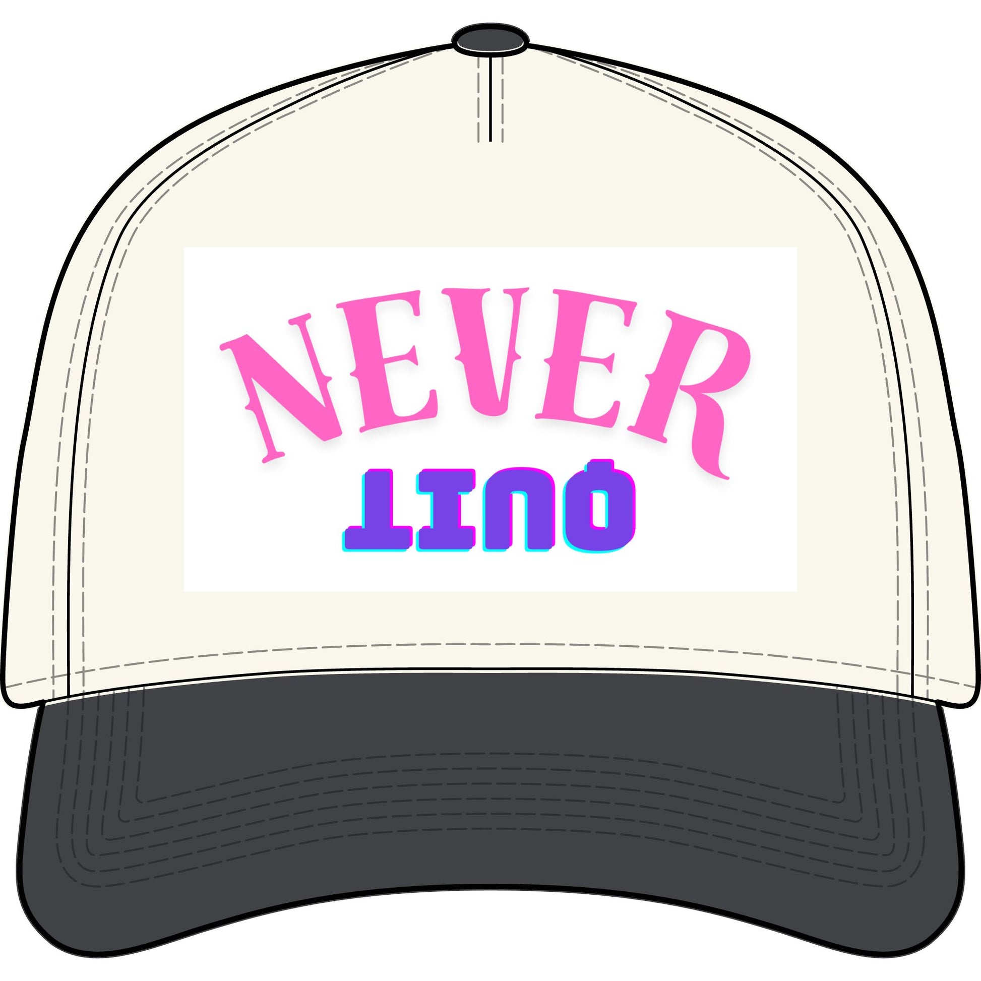 Never QUIT Cap - Two-Tone Trucker Hat with Retro Pink & Blue Text