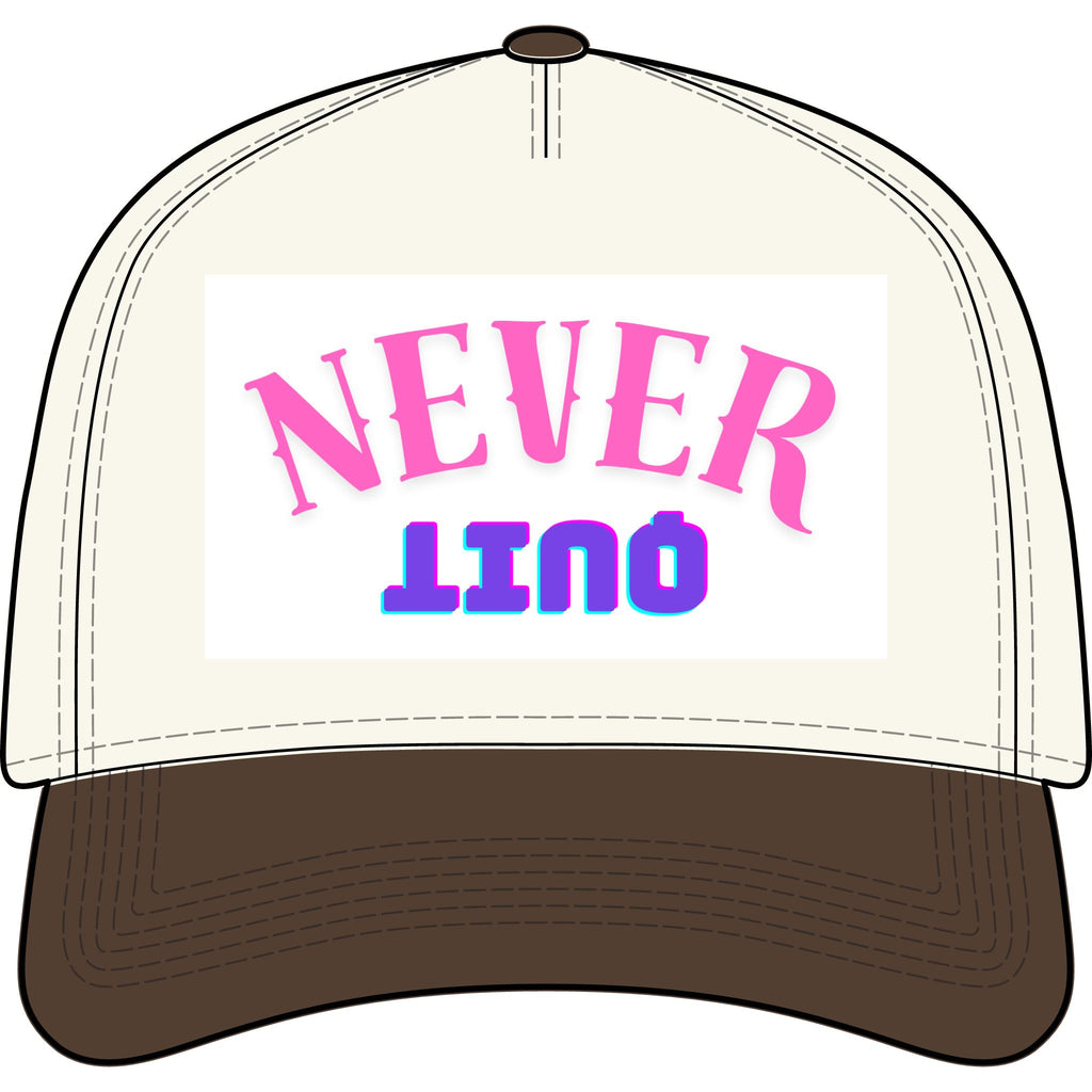Never QUIT Cap - Two-Tone Trucker Hat with Retro Pink & Blue Text