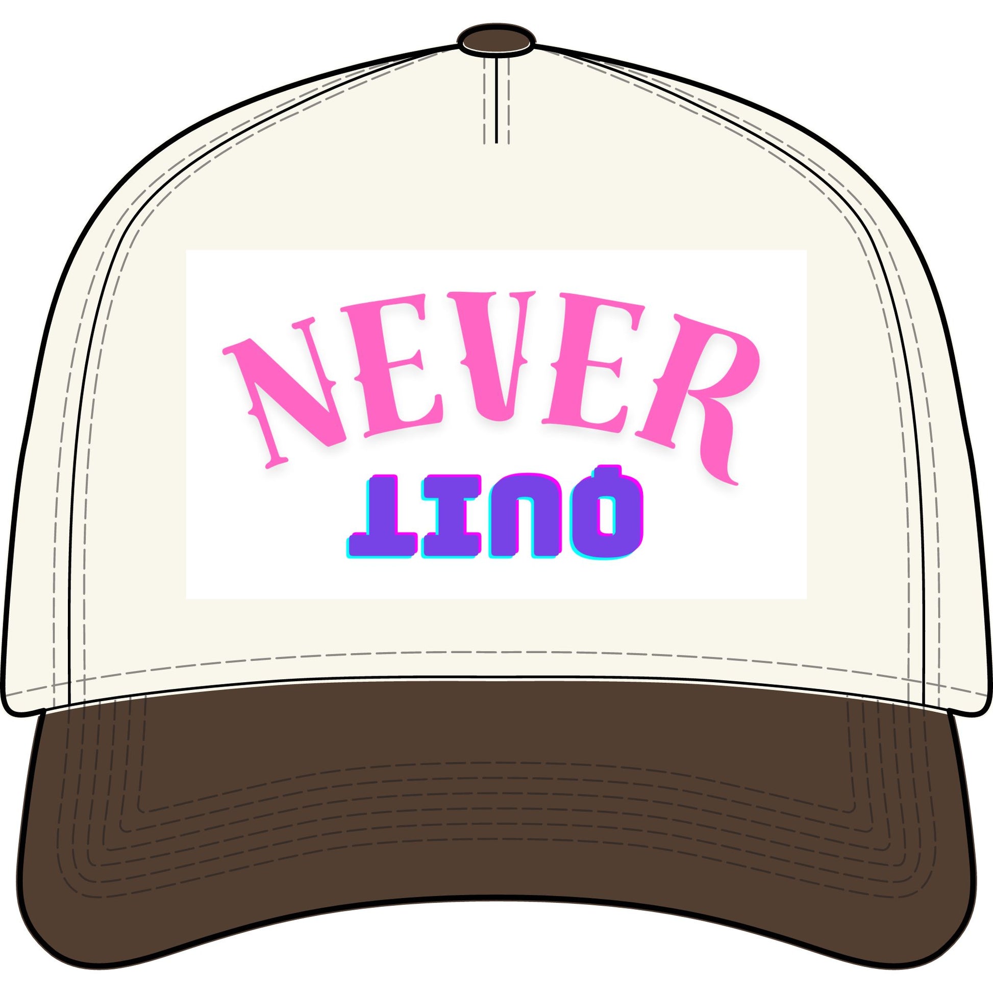 Never QUIT Cap - Two-Tone Trucker Hat with Retro Pink & Blue Text