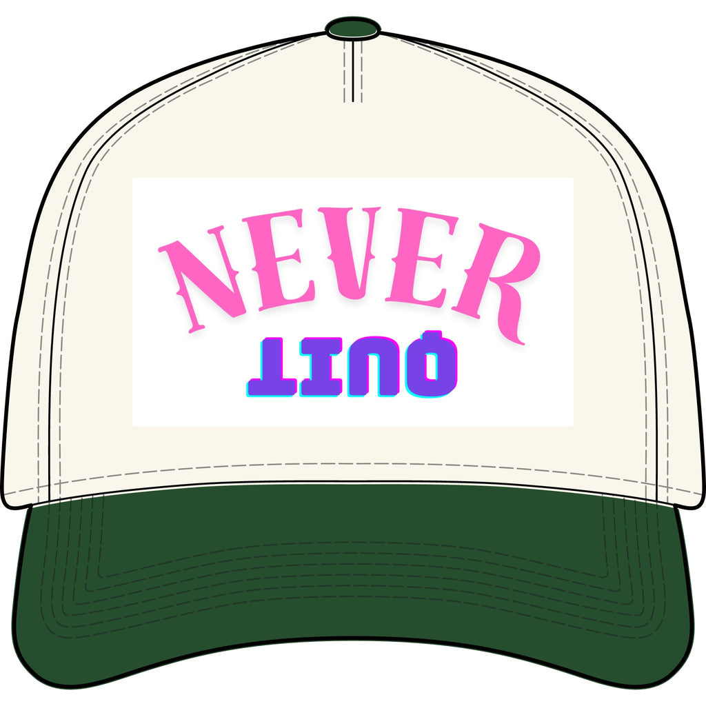 Never QUIT Cap - Two-Tone Trucker Hat with Retro Pink & Blue Text