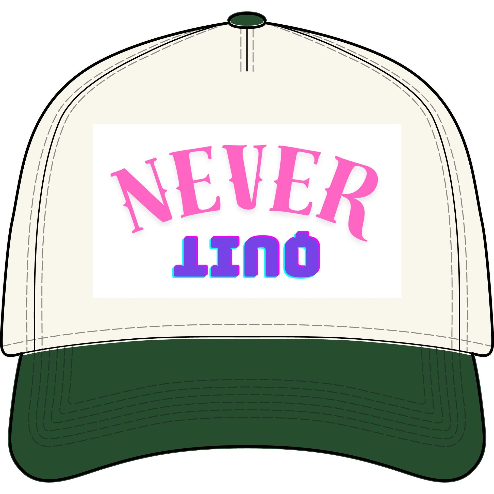 Never QUIT Cap - Two-Tone Trucker Hat with Retro Pink & Blue Text