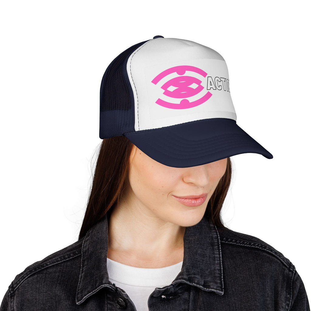 Action Logo Trucker Cap — Pink Emblem Mesh Baseball Hat
