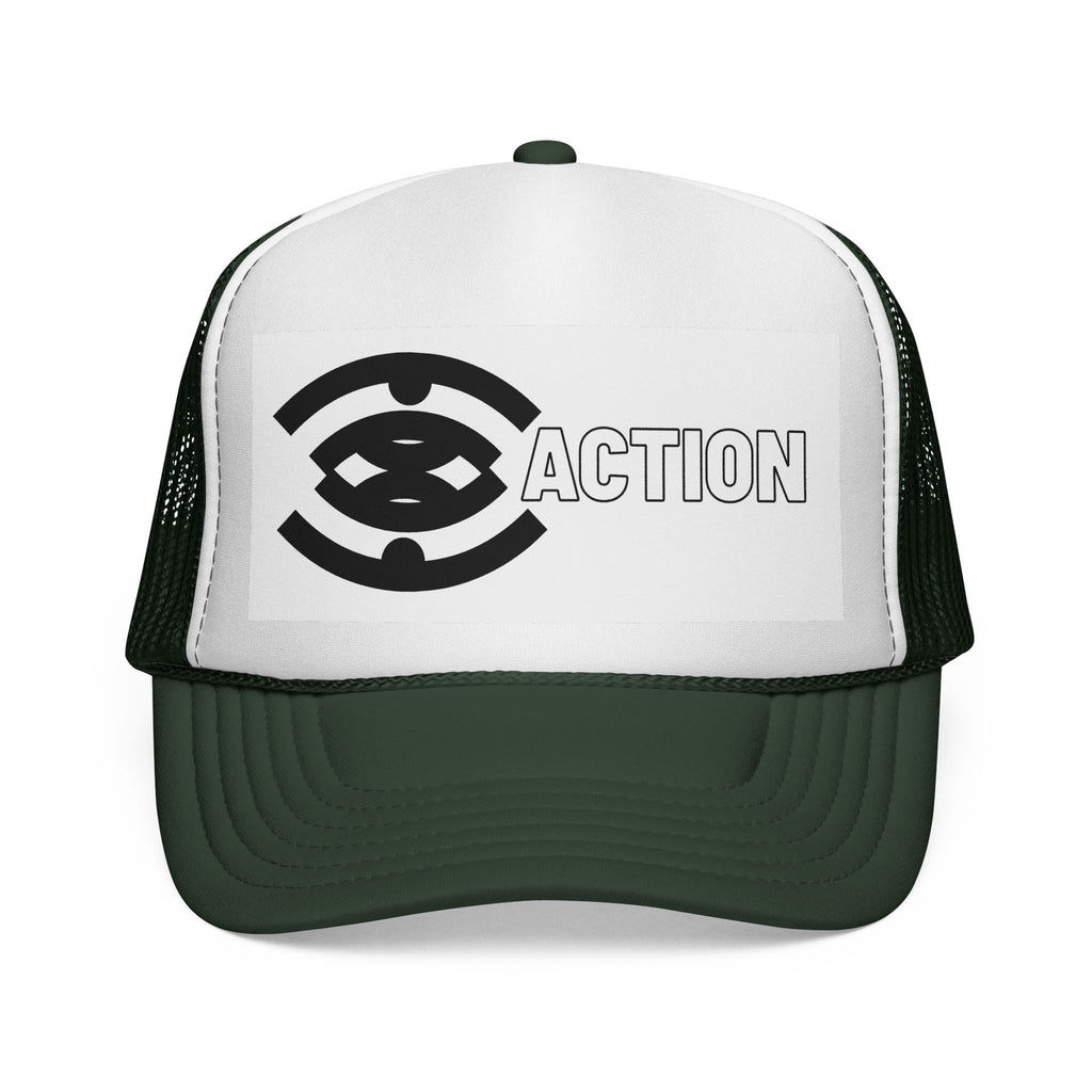 Action Logo Trucker Cap — Retro Black & White Mesh Hat