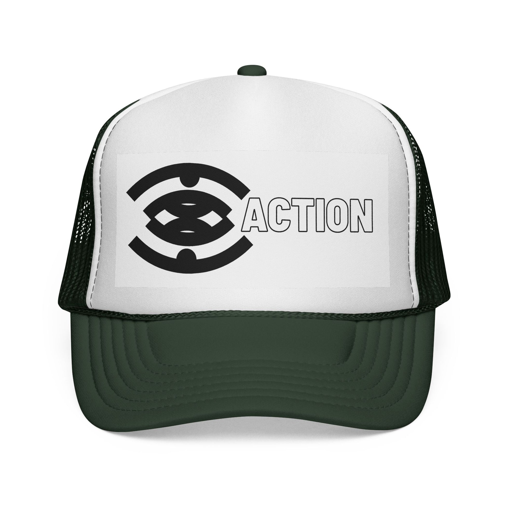 Action Logo Trucker Cap — Retro Black & White Mesh Hat