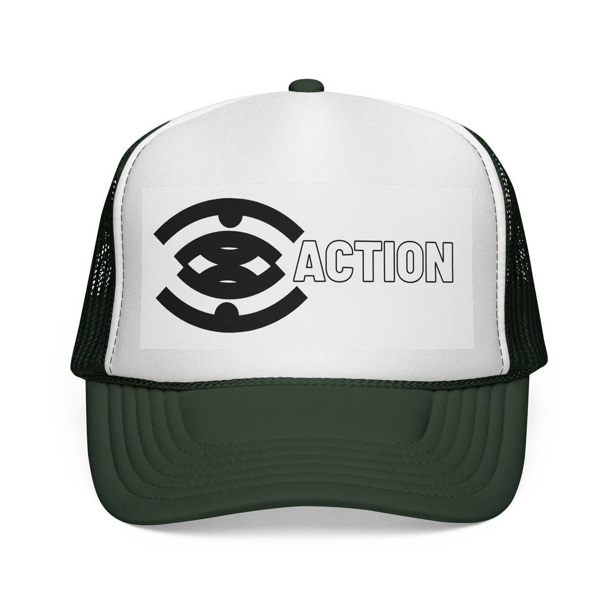 Action Logo Trucker Cap — Retro Black & White Mesh Hat