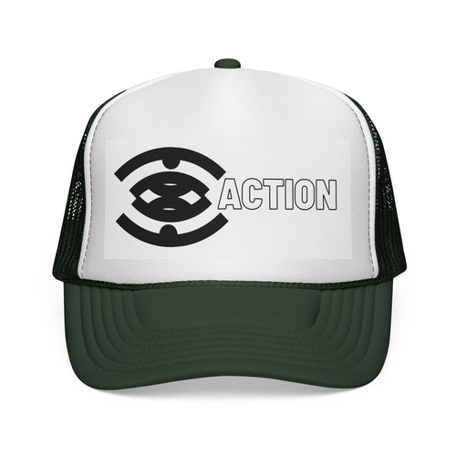 Action Logo Trucker Cap — Retro Black & White Mesh Hat