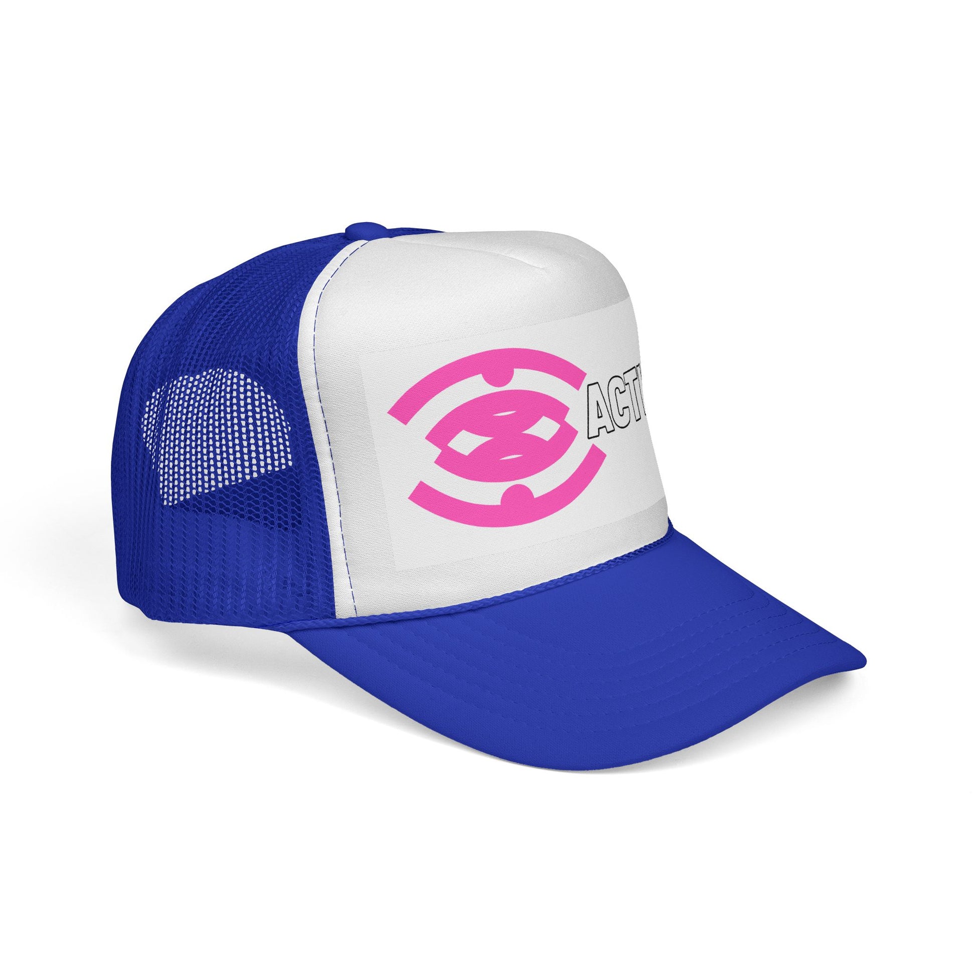 Action Logo Trucker Cap — Pink Emblem Mesh Baseball Hat