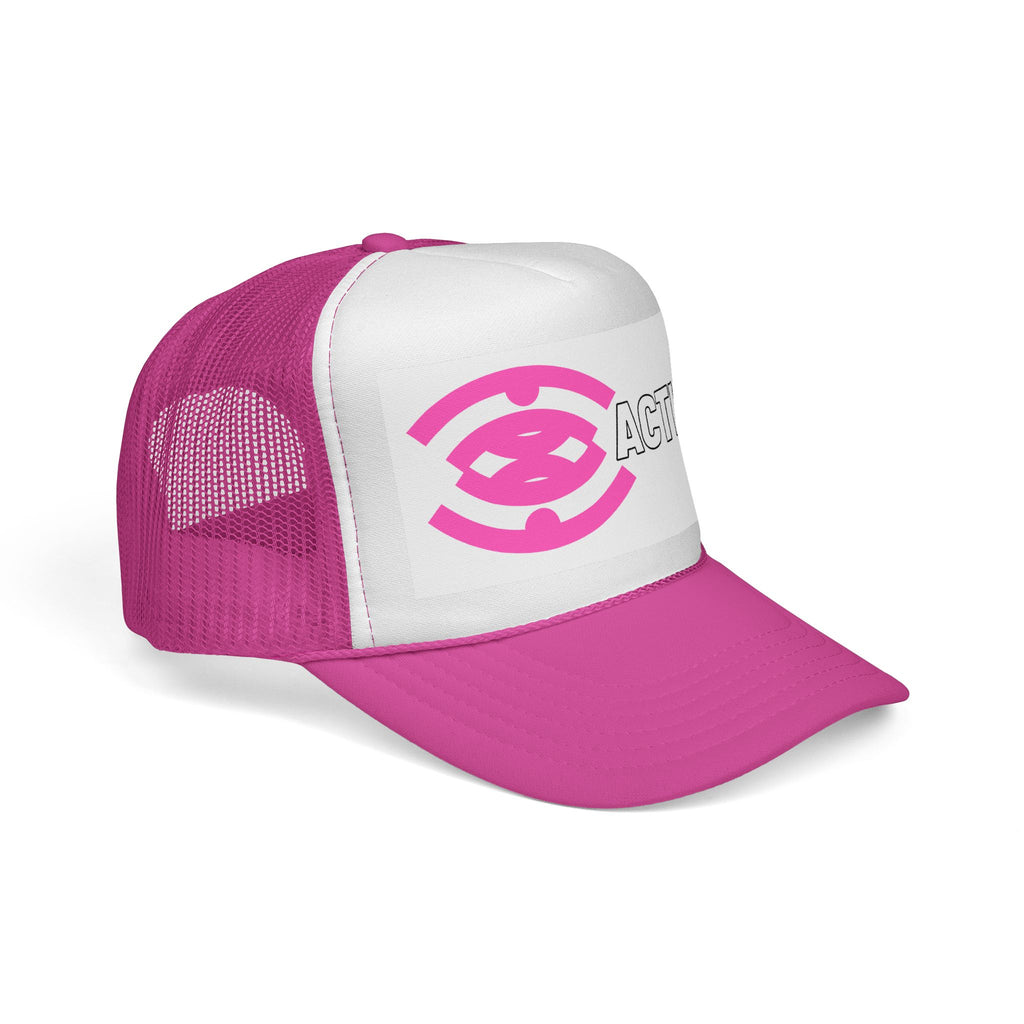 Action Logo Trucker Cap — Pink Emblem Mesh Baseball Hat